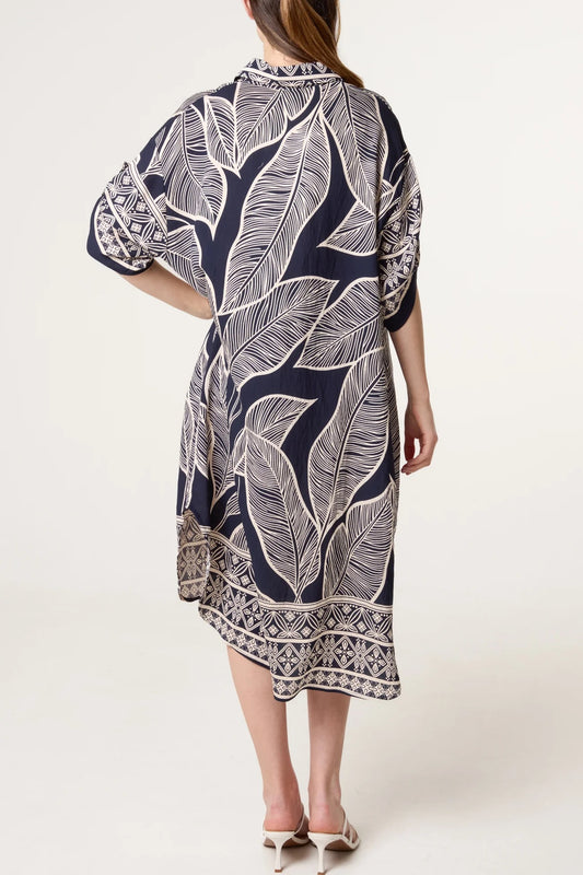 Short Sleeve Shirt Dress with Leaf Print