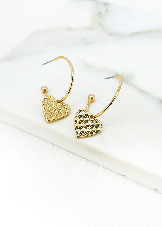 Envy Gold hoop with textured heart charm earring