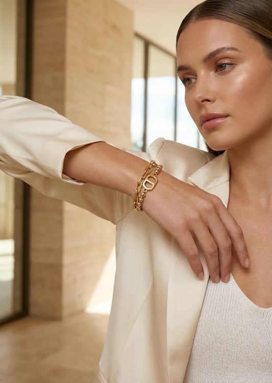 Envy Gold chain and ball T-bar bracelet with link desig