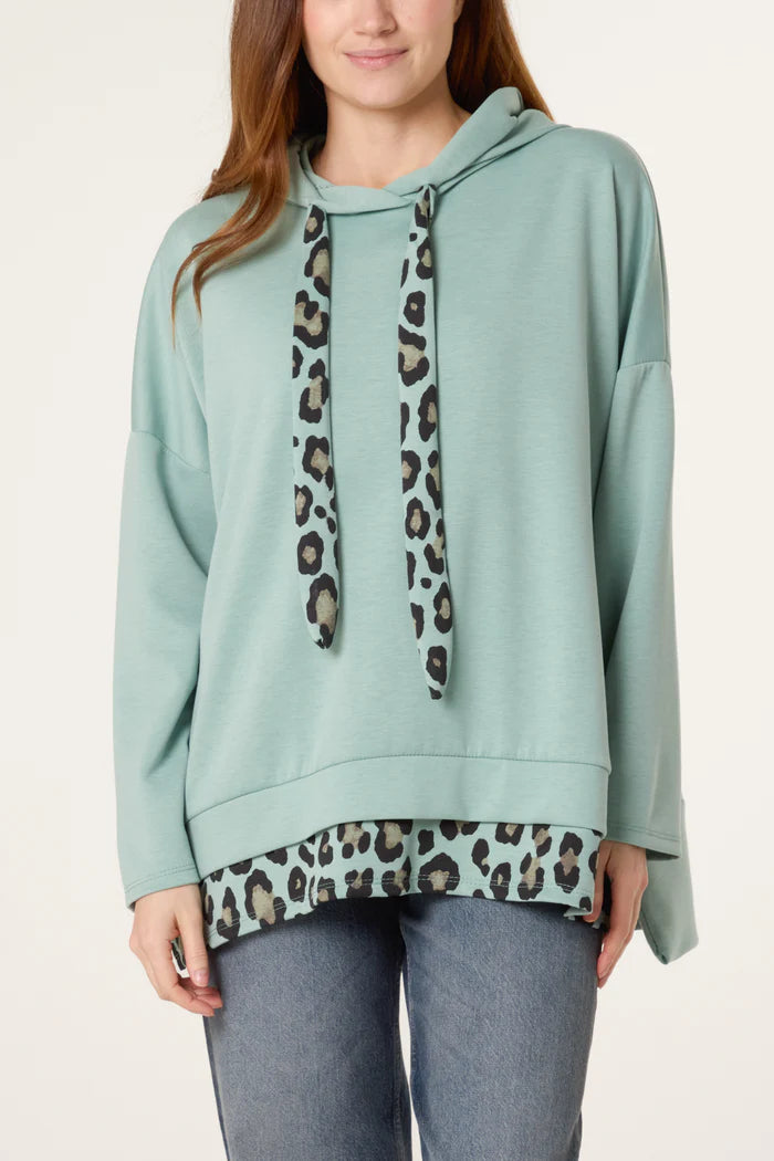 Leopard Trim Hoody Mint Green