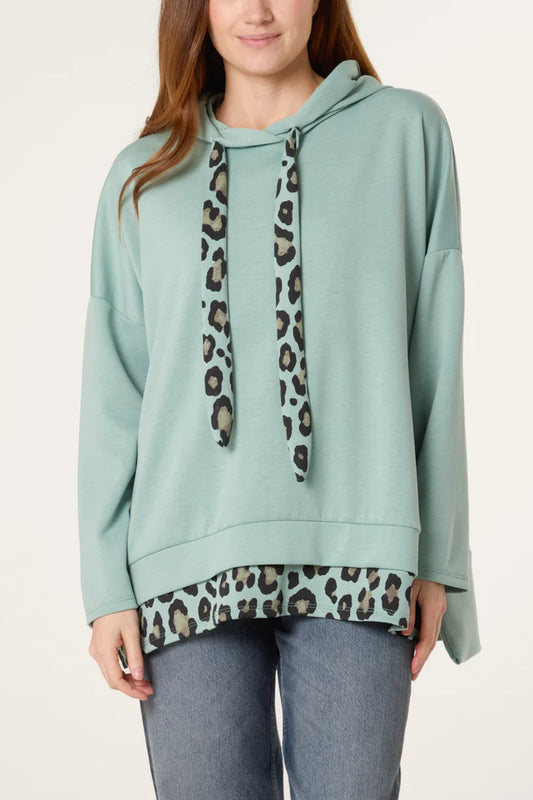Leopard Trim Hoody Mint Green
