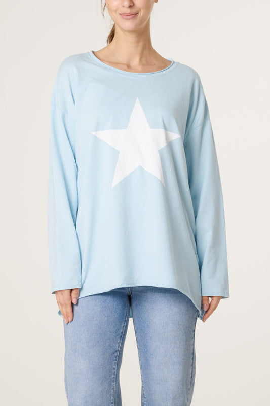 Star Long Sleeve Cotton Top Light Blue