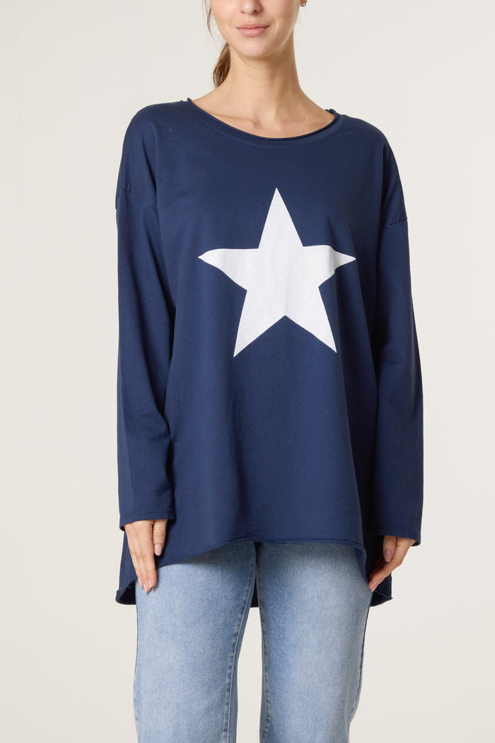 Star Long Sleeve Cotton Top Navy