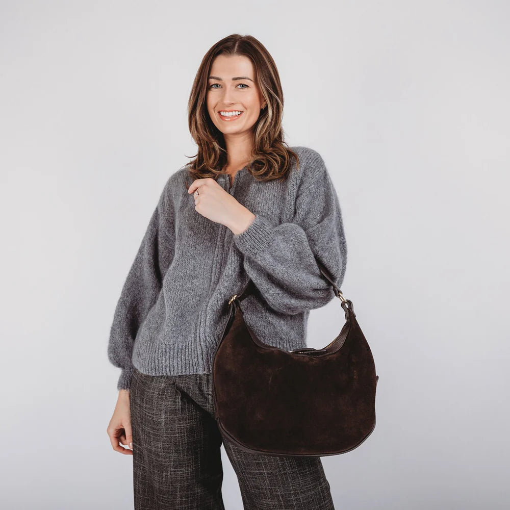 Elie Beaumont Shoulder Handbag Crescent Suede Taupe Chocolate Brown