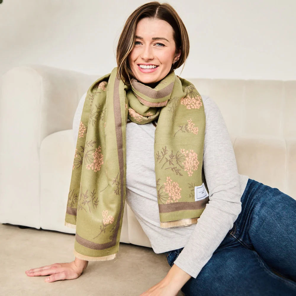 Eli Beaumont Reversible Olive& Rose Floral Winter Scarf