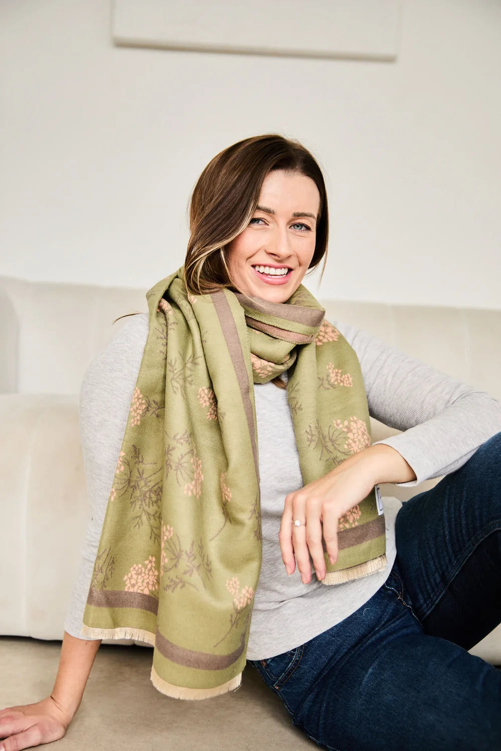 Eli Beaumont Reversible Olive& Rose Floral Winter Scarf
