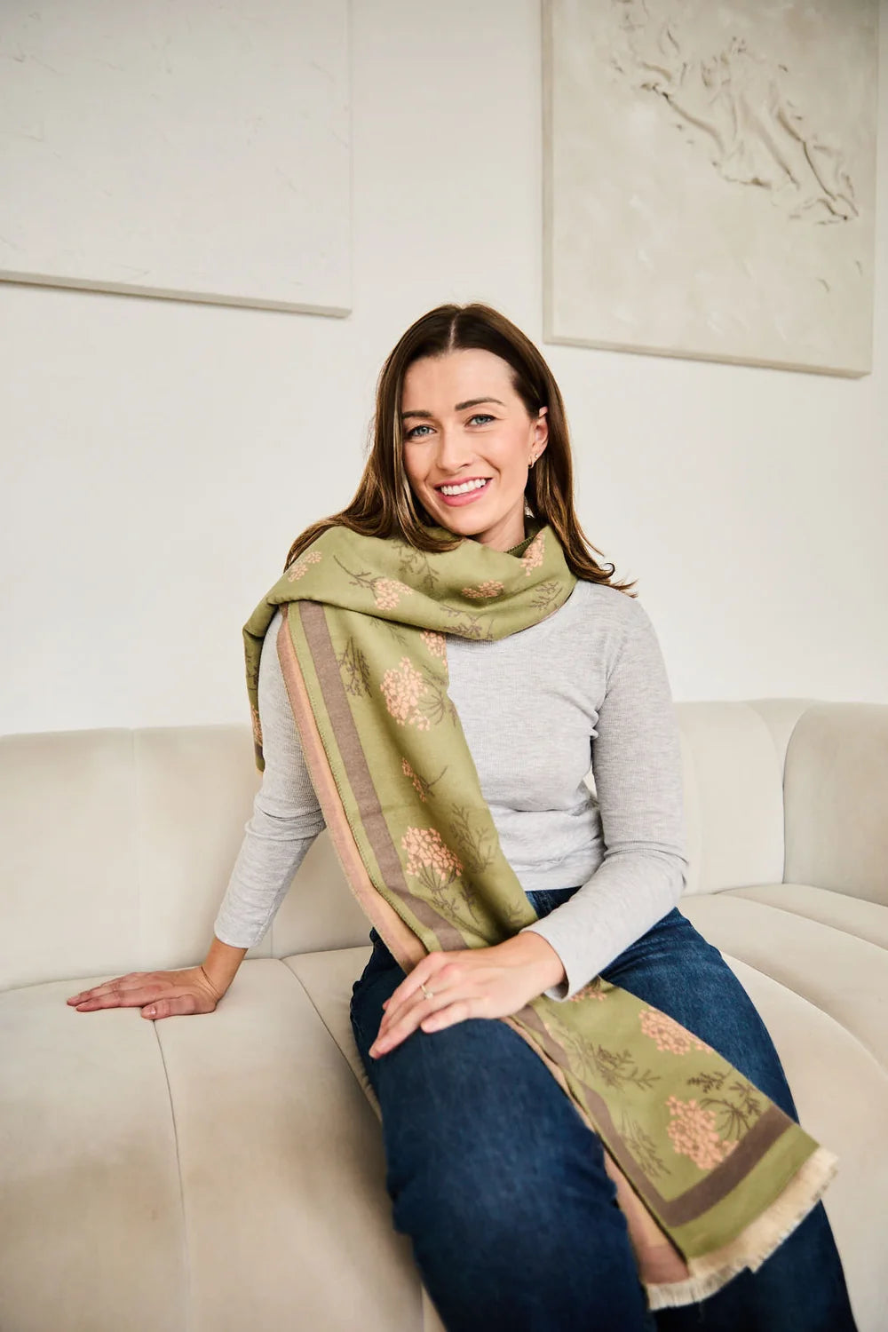 Eli Beaumont Reversible Olive& Rose Floral Winter Scarf