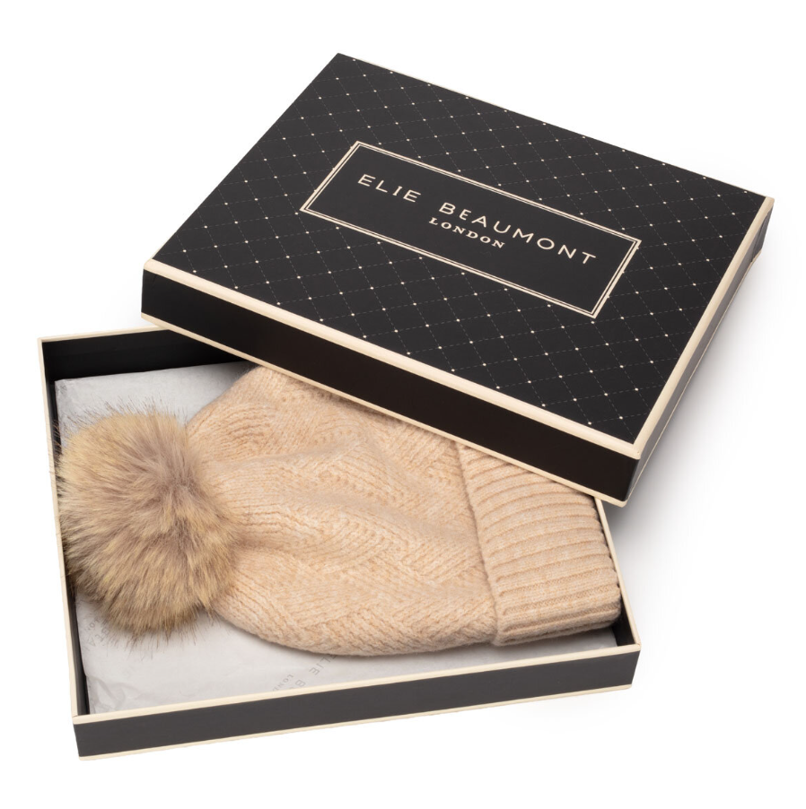 Eli Beaumont Knitted Weave Pompom Hat Oat