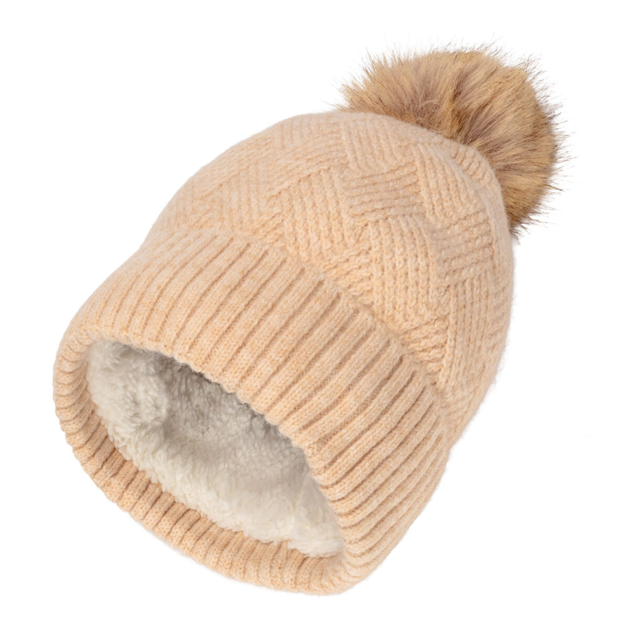 Eli Beaumont Knitted Weave Pompom Hat Oat
