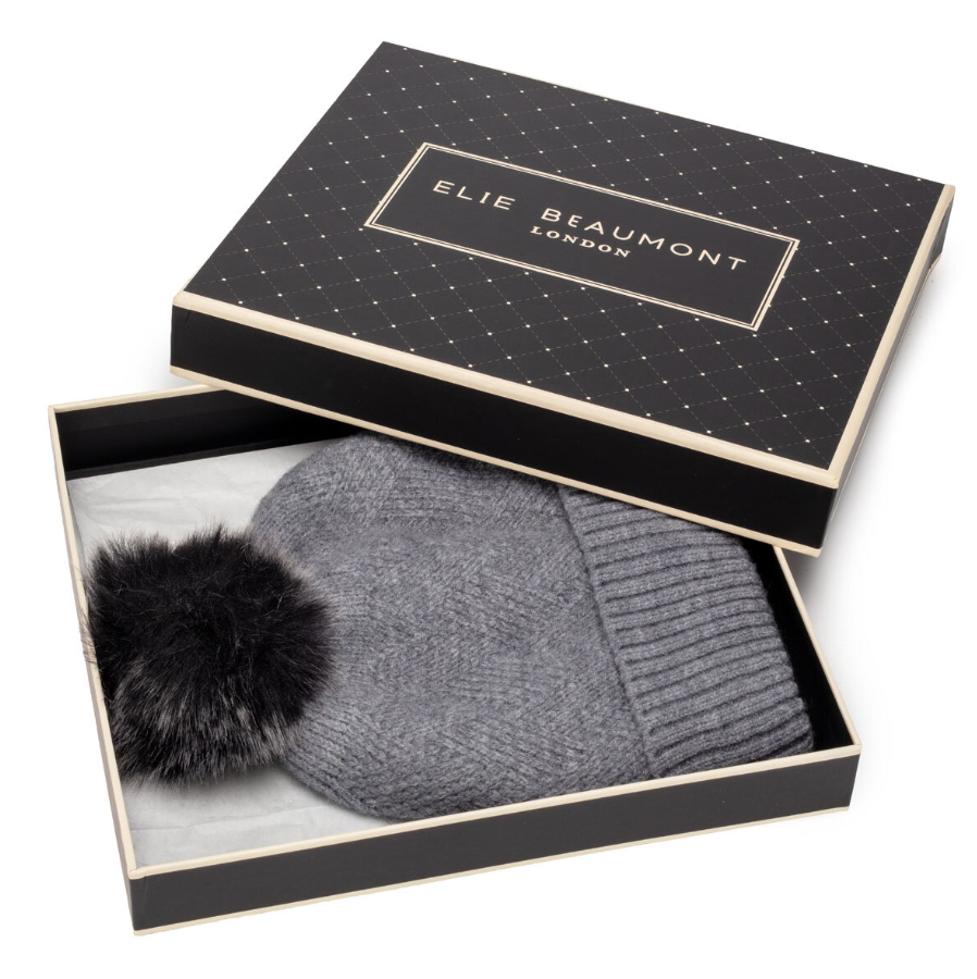 Eli Beaumont Knitted Weave Pompom Hat Grey