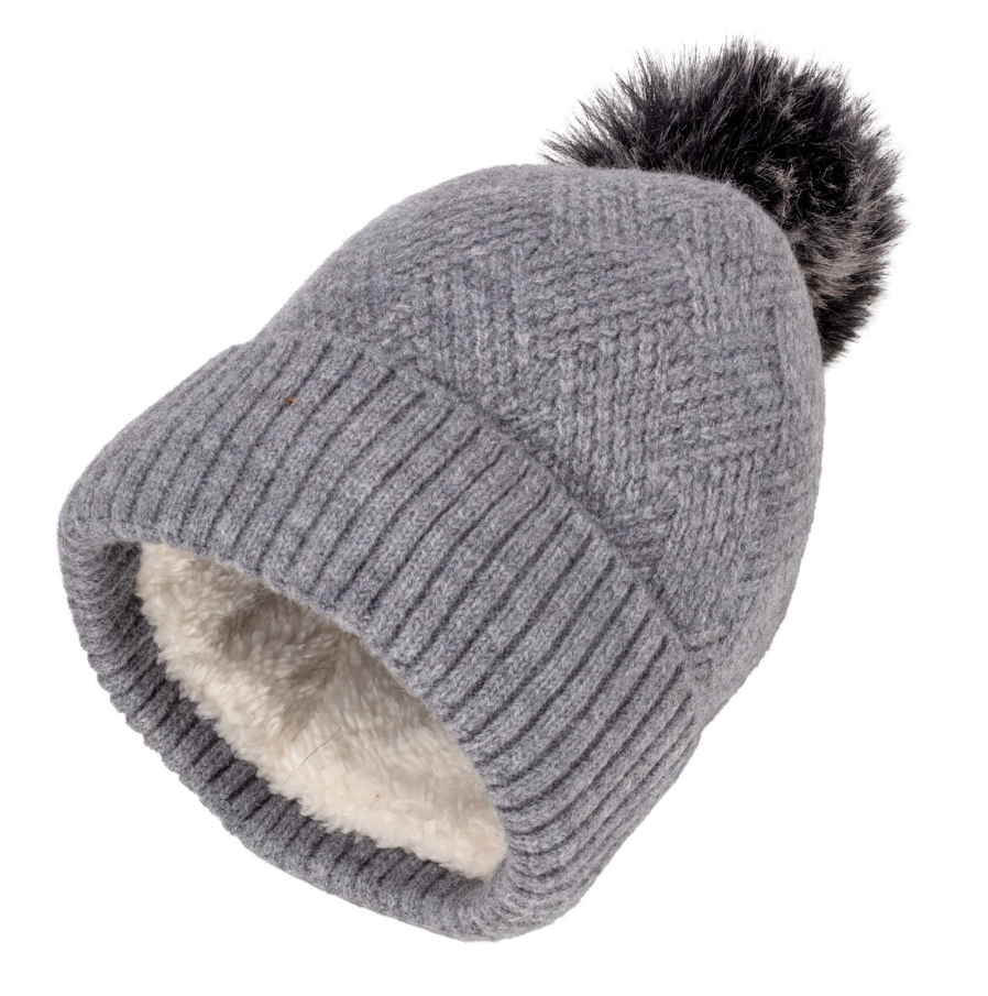 Eli Beaumont Knitted Weave Pompom Hat Grey