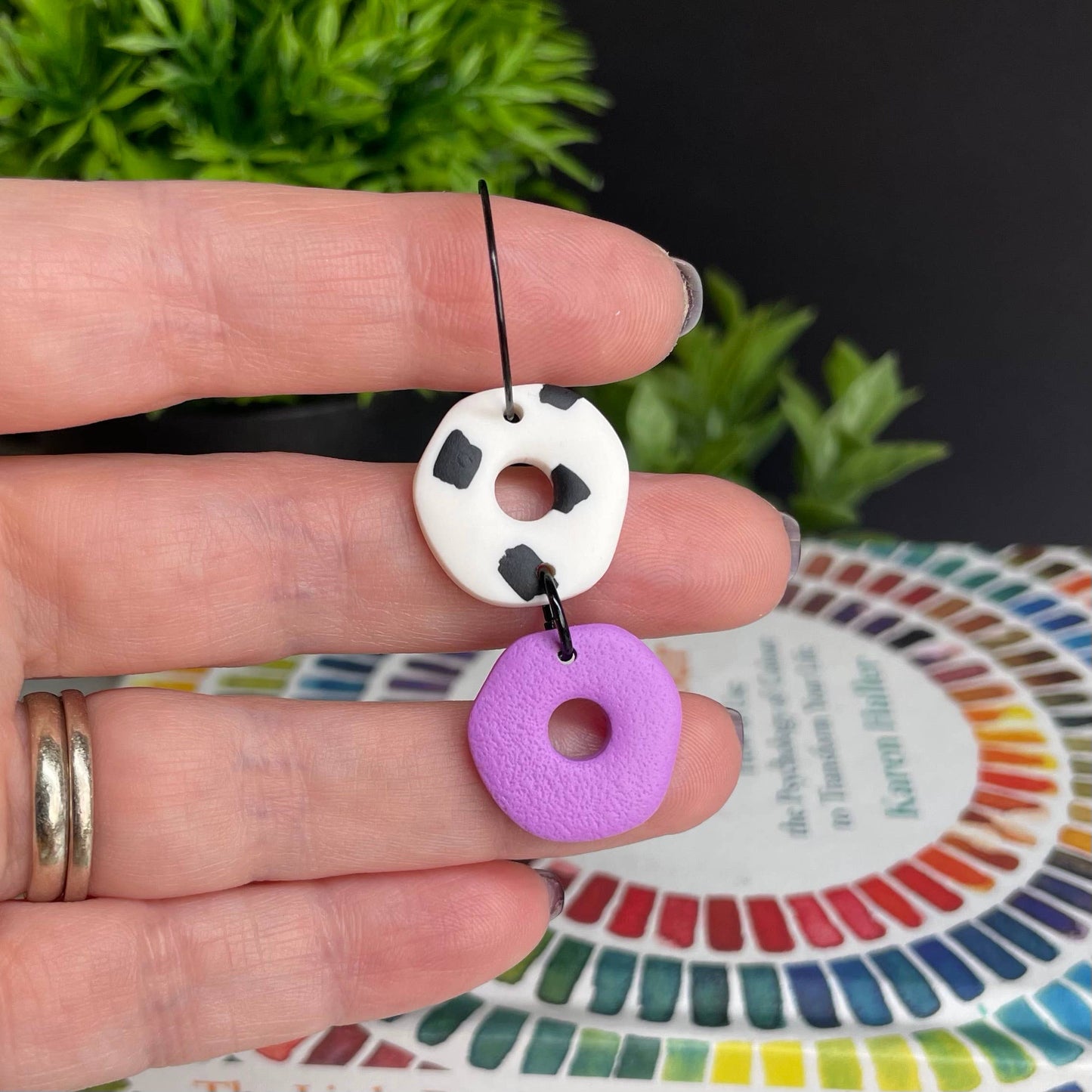 Kay Jay Clay Dalmatian Print Handmade Polymer Clay Hoop Earrings: Purple