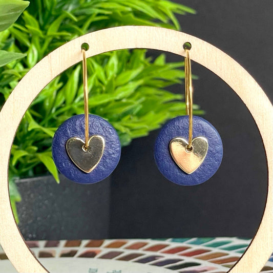 Kay Jay Clay Mini Gold Heart Polymer Clay Hoop Earrings: Navy blue