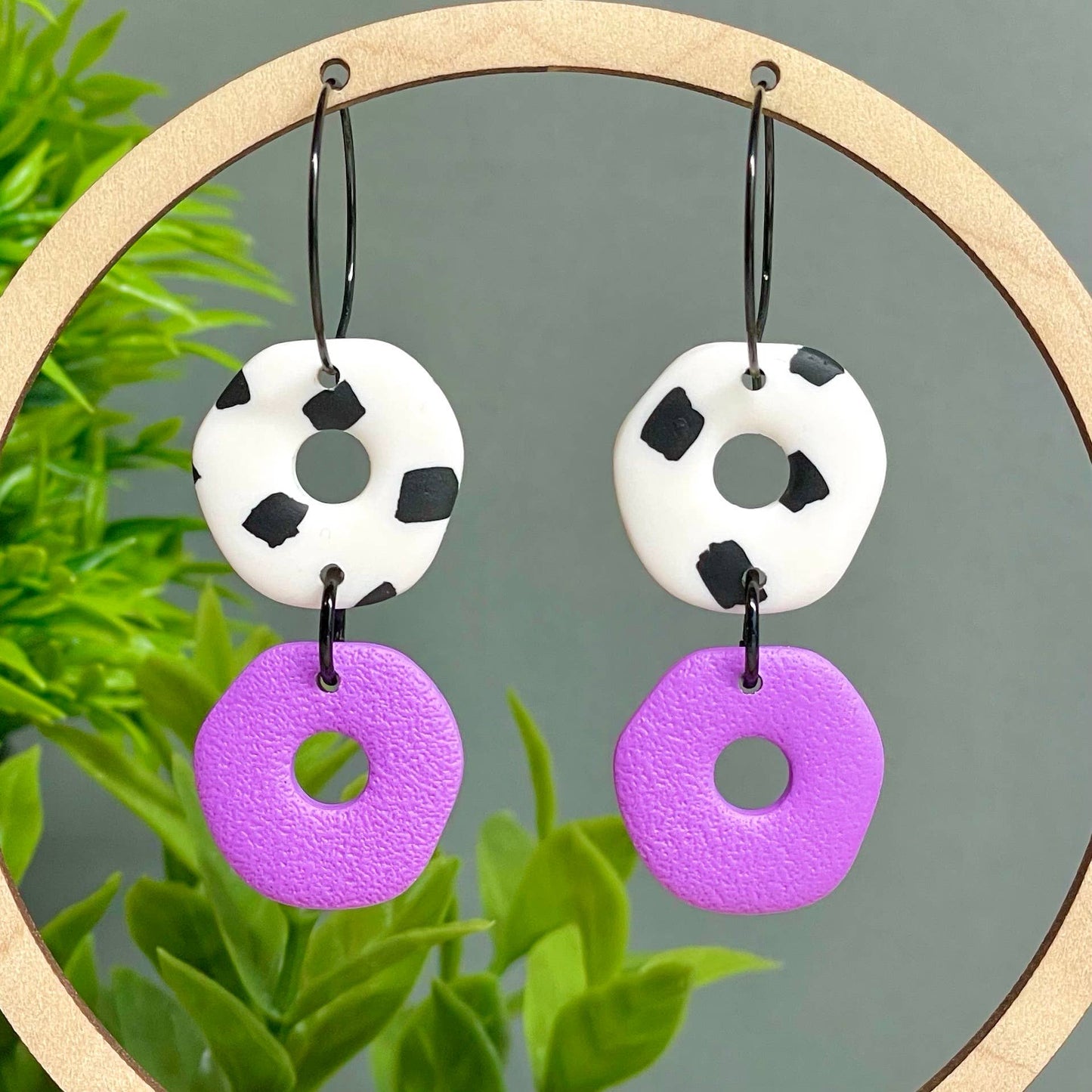 Kay Jay Clay Dalmatian Print Handmade Polymer Clay Hoop Earrings: Purple