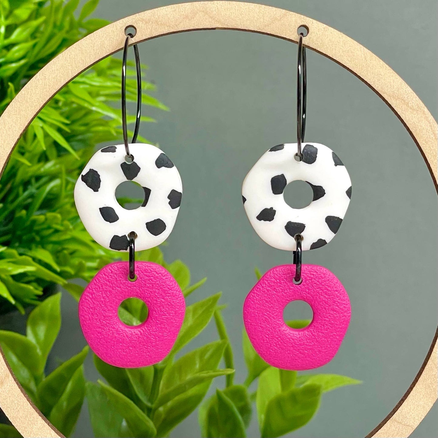 Kay Jay Clay Dalmatian Print Handmade Polymer Clay Hoop Earrings: Pink