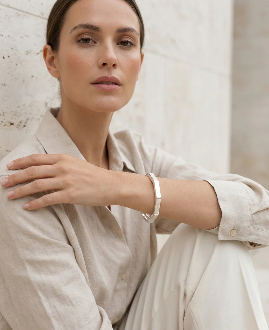 Envy Silver hinged hexagonal bangle